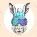 Hipster animal rabbit in winter hat and snowboard goggles. Hand drawing Muzzle of hare Royalty Free Stock Photo