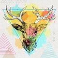 Hipster animal realistic and polygonal deer on artistic watercolor background