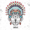 Hipster animal wolf with indian feather headdress. Hand drawing Muzzle of animal wolf