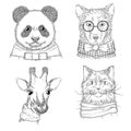 Hipster animals. Fashion adult illustrations wild animals in various clothes vector hand drawn sketches