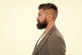 Hipster appearance. Beard fashion and barber concept. Man bearded hipster stylish beard and mustache isolated white