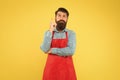 Hipster in apron thinking about recipes. Easy to cook recipes. Unique healthy recipes. Plan weekly meals. Cooking Royalty Free Stock Photo