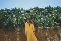 Hipster asian woman in Hydrangea garden background.