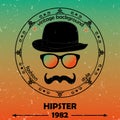 Hipster background. Retro vintage label design. Hipster theme label, card. Mustache, Glasses and Bowler Hat