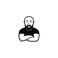 hipster bald bearded bodyguard logo icon cartoon mascot character illustration with thick black beard moustache and folding hand