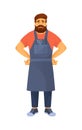 Hipster barber with beard in apron, accessories. Beauty, healthy lifestyle.