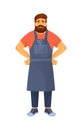 Hipster barber with beard in apron, accessories. Beauty, healthy lifestyle