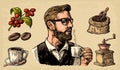 Hipster barista holding a cup of hot coffee Sack with coffee beans with wooden scoop and beans, cup, branch with leaf and berry. Royalty Free Stock Photo