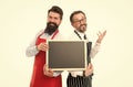 Hipster bartender show blackboard copy space. Hiring restaurant staff. Men bearded informing happy hours. Men bearded