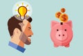 Hipster beard businessman with idea looking piggy bank with money. Financial concept.