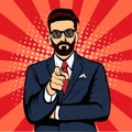 Hipster beard businessman pointing finger pop art retro vector illustration