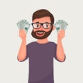 Hipster beard man with banknotes of money in his hands. Cartoon vector illustration