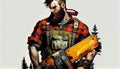 Hipster with beard on serious face carries axe on shoulder sky on background Lumberjack brutal and bearded holds axe.