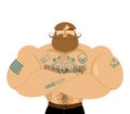 Hipster beard and tattoos. Mustachioed brutal man. Strong muscle