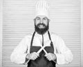 Hipster bearded chef hold wooden spoon. Kitchenware and cooking concept. Lets try taste. Add some spices. Man with beard Royalty Free Stock Photo