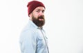 Hipster bearded guy wear bright hat accessory. Barbershop concept. Man bearded with mustache brutal masculine appearance