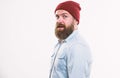 Hipster bearded guy wear bright hat accessory. Barbershop concept. Man bearded with mustache brutal masculine appearance