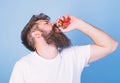 Hipster bearded holds strawberries in fist as juice bottle. Fresh juice concept. Man bearded drinks strawberry juice Royalty Free Stock Photo