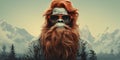 Hipster Bigfoot portrait dressed in clothing. Conceptual liberal Sasquatch disguised in human clothes