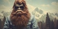 Hipster Bigfoot portrait dressed in clothing. Conceptual liberal Sasquatch disguised in human clothes