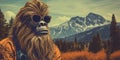 Hipster Bigfoot portrait dressed in clothing. Conceptual liberal Sasquatch disguised in human clothes