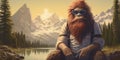 Hipster Bigfoot portrait dressed in clothing. Conceptual liberal Sasquatch disguised in human clothes