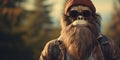 Hipster Bigfoot portrait dressed in clothing. Conceptual liberal Sasquatch disguised in human clothes