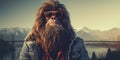 Hipster Bigfoot portrait dressed in clothing. Conceptual liberal Sasquatch disguised in human clothes