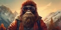 Hipster Bigfoot portrait dressed in clothing. Conceptual liberal Sasquatch disguised in human clothes