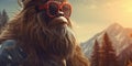 Hipster Bigfoot portrait dressed in clothing. Conceptual liberal Sasquatch disguised in human clothes