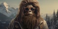 Hipster Bigfoot portrait dressed in clothing. Conceptual liberal Sasquatch disguised in human clothes