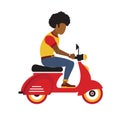 Hipster black young man rides a motorbike. Flat style illustration