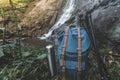 Hipster Blue Backpack, Thermos And Trekking Poles Closeup. View From Front Tourist Traveler Bag On Waterfall Background. Adventure