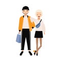 Hipster boy and girl dressed in trendy clothes standing together. Modern boyfriend and girlfriend. Cartoon characters
