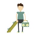 Hipster boy with green skateboard