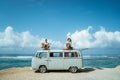 Hipster boy playing guitar with girlfriend on top of retro style Royalty Free Stock Photo