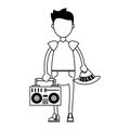 Hipster boy with stereo illustration in black and white