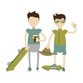 Hipster boys with green skateboards