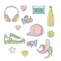 hipster bright sticker set. Headphones, cap, banana, water, retro cassette, sneakers. Stickers for your design. vector