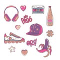 hipster bright sticker set. Headphones, cap, banana, water, retro cassette, sneakers. Stickers for your design. vector