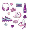 hipster bright sticker set. Headphones, cap, banana, water, retro cassette, sneakers. Stickers for your design. vector