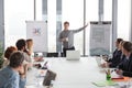 Hipster business man holding coffee cup and presenting the project