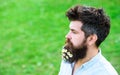 Hipster on calm face, green grass background, copy space. Man with beard and mustache enjoy spring, green meadow Royalty Free Stock Photo