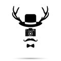 Hipster camera man ,Hat, Bowtie,Mustache and deer antlers . Vect Royalty Free Stock Photo
