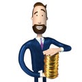 Hipster cartoon businessman holding money - golden coins - 3D illustration