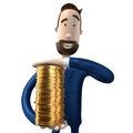 Hipster cartoon businessman holding money - golden coins - 3D illustration