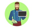 Hipster with cash money showing blank digital tablet PC