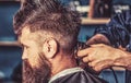 Hipster client getting haircut. Hands of barber with hair clipper, close up. Haircut concept. Hipster client getting