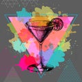 Hipster cocktail cosmopolitan illustration on polygon watercolor background