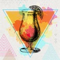 Hipster cocktail tequila sunrise illustration on artistic watercolor background